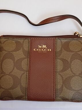 Coach Brown Signature Canvas Wristlet with Gold Logo